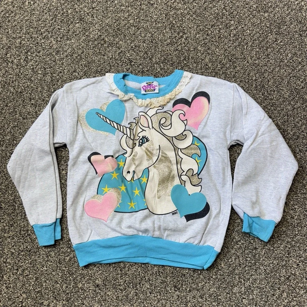 Vintage Girls Athletic Works Unicorn Sweater Hearts Ruffles 80s Size 6 Rare READ